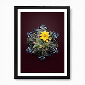 Vintage Dahlia Simplex Flower Wreath on Wine Red n.2372 Art Print