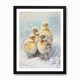 Icy Ducklings In The Snow Pencil Illustration 3 Art Print