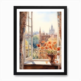 Window View Of Barcelona Spain In Autumn Fall, Watercolour 3 Art Print