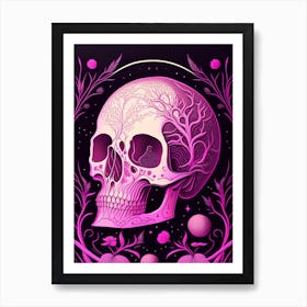 Skull With Cosmic Themes Pink Line Drawing Art Print