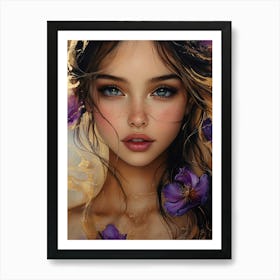 Beautiful Girl With Purple Flowers Art Print