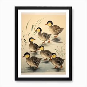 Illustration Of Ducklings Japanese Woodblock Style Art Print