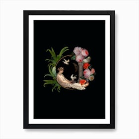 Antique Venus Sitting And Feeding Doves With Flowers Art Print