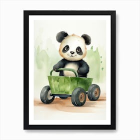 Baby Panda On A Toy Car, Watercolour Nursery 0 Art Print