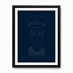 Bust of Nefertiti Line Drawing - Blue Art Print