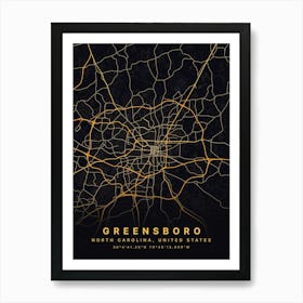 Greensboro North Carolina USA Black And Gold Map Art Print