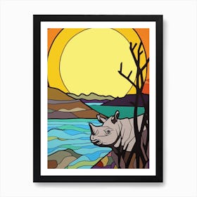Simple Rhino Line Illustration By The River 4 Art Print