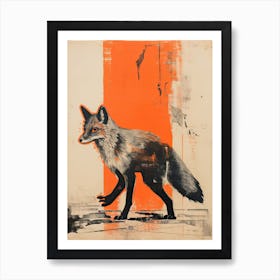 Gray Fox, Woodblock Animal Drawing 4 Art Print