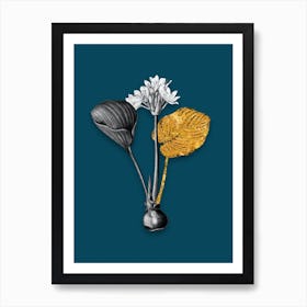 Vintage Cardwell Lily Black and White Gold Leaf Floral Art on Teal Blue Art Print