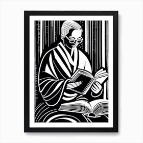 Reading A Book Linocut Black And White Painting, 321 Art Print