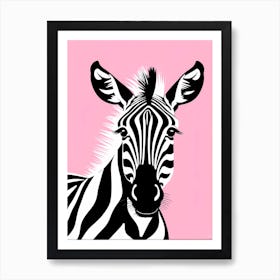 Flat Buho Art Playful Zebra On Solid pink Background, modern animal art, Art Print