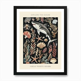 Great White Shark Black Background Illustration 2 Poster Art Print