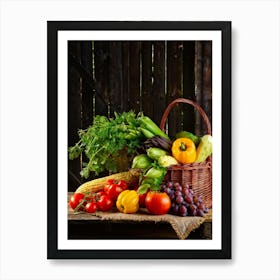 Assorted Vegetables And Fruits From A Fresh Farm Harvest Arranged In A Rustic Wicker Basket Overfl (5) Art Print