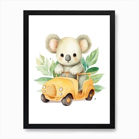 Baby Koala On A Toy Car, Watercolour Nursery 0 Art Print