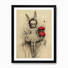 Woodland Doll Girl Bunny Ears Goth Fantasy Drawing Art Print