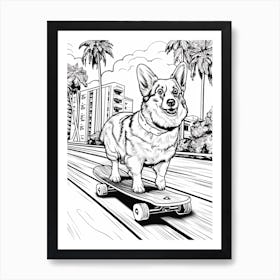 Corgi Dog Skateboarding Line Art 1 Art Print