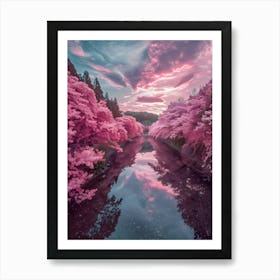 Cherry Blossoms And River At Sunset Art Print