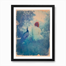 Vintage Photograph Of Peacock With Red Haired Woman Art Print