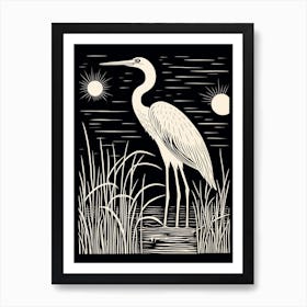 B&W Bird Linocut Egret 3 Art Print