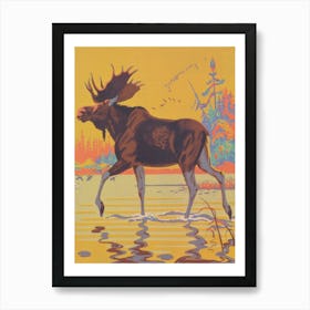 Moose In Water Vintage Print Art Print