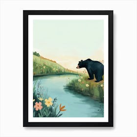 American Black Bear Standing On A Riverbank Storybook Illustration 3 Art Print