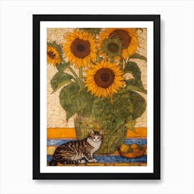 Sunflower With A Cat 1 William Morris Style Art Print