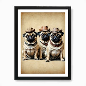 Three Pugs In Cowboy Hats Art Print