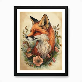 Amazing Red Fox With Flowers 16 Art Print