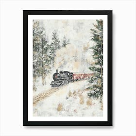 Train in the Winter Forest. Vintage Oil Painting Poster