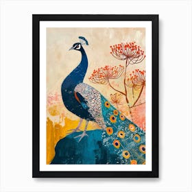 Textured Peacock On A Rock With Plants Art Print