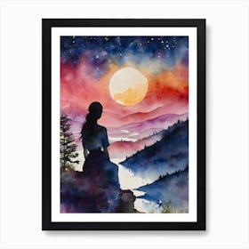 "Dreamer" - Younger Self Witchy Maiden Dreaming Wishing on Stars Hoping For the Future - Pagan Fairytale Original Watercolor by Lyra the Lavender Witch - Perfect Cottagecore Witchcore Yoga Esoteric Gallery Feature Wall Hd Art Print