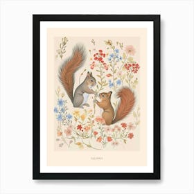 Folksy Floral Animal Drawing Squirrel 3 Poster Art Print