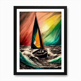 Sailboat In The Turbulent Ocean, Charcoal, Colorful Art Print