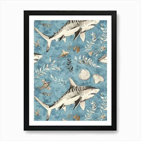 Pastel Blue Zebra Shark Watercolour Seascape Pattern 3 Art Print