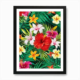 A Contemporary Tropical Floral Frame Highlighting A Variety Of Vivid Exotic Florals In Full Bloom (1) Art Print