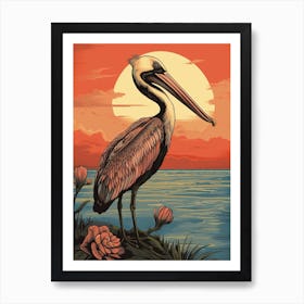 Vintage Bird Linocut Brown Pelican 3 Art Print