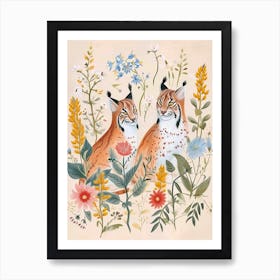 Folksy Floral Animal Drawing Bobcat 4 Art Print