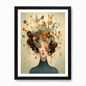 Woman With Butterflies On Her Head Póster