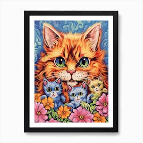 Louis Wain, Surreal Cat With Kittens And Flowers 5 Art Print