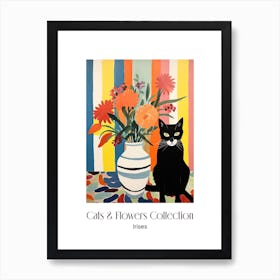 Cats & Flowers Collection Irises Flower Vase And A Cat, A Painting In The Style Of Matisse 1 Art Print