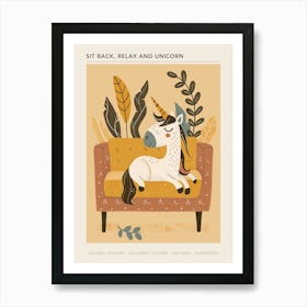 Unicorn On A Sofa Mustard Muted Pastels 2 Poster Art Print