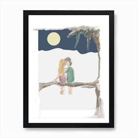 Couple Kissing In The Snow Art Print