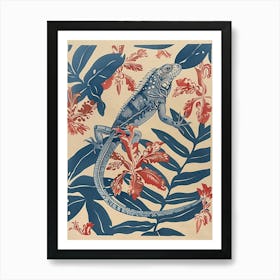 Blue Iguana In The Leaves Block Print Art Print