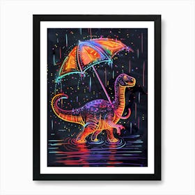 Neon Dinosaur With Umbrella In The Rain 4 Art Print