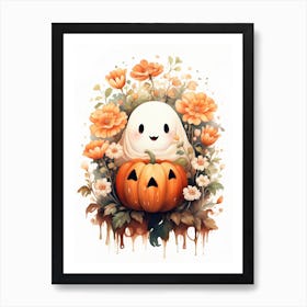 Cute Bedsheet Ghost, Botanical Halloween Watercolour 120 Art Print