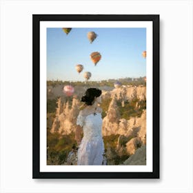 Beautiful Girl Watching Air Balloons, Oil Painting Art Print