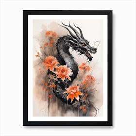 Japanese Dragon Abstract Flowers Painting (22) Art Print
