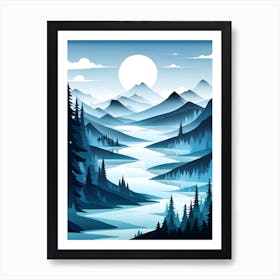 Landscape With Mountains And River, vector art Art Print