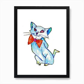 Blue Cat With Bow Tie Art Print