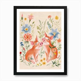 Folksy Floral Animal Drawing Pig 2 Art Print